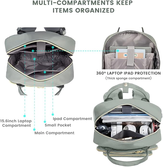 LOVEVOOK Laptop Backpack for Women, Water Resistant Travel Work Backpacks Purse Stylish Business Teacher Nurse Computer Bag with USB Charging Port,Gray-Green