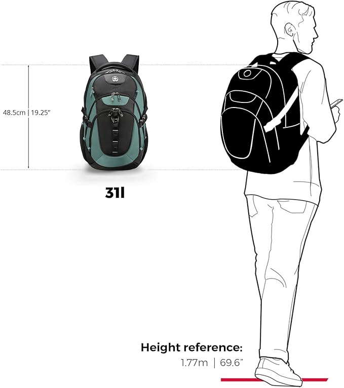 Swissdigital Design Laptop Backpack with USB Charging Port, Travel Backpack Fits 15.6 inches Computer, 31L College School Backpack for Men, Lake Green/Black | SD803