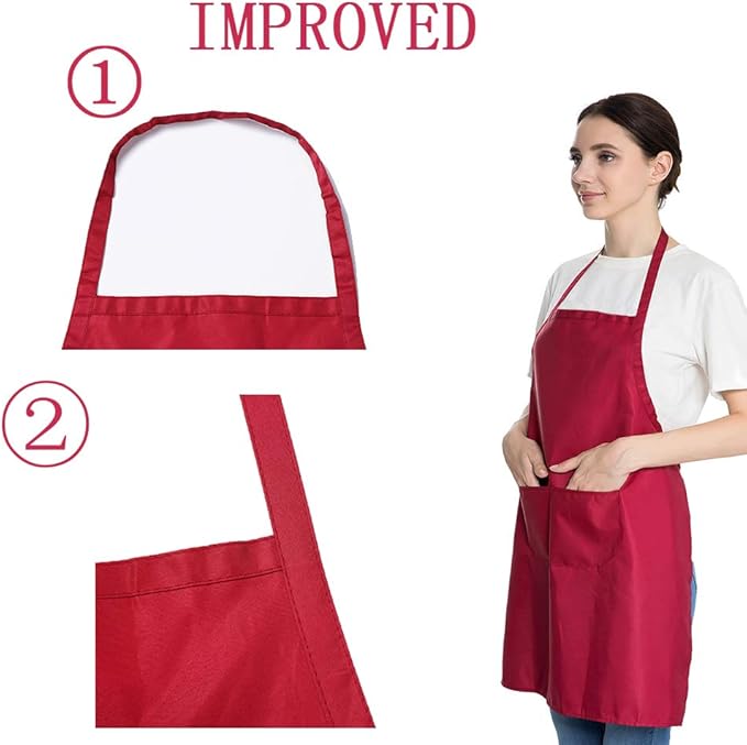 Total 6PCS Deep Red Bib Apron for Women Adult Unisex Durable Comfortable with 2 Front Pockets Washable Chef Aprons for Cooking Baking Kitchen Restaurant Crafting Painting.