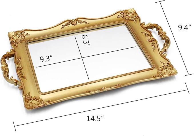 Antique Decorative Gold Framed Square Mirror Tray, Jewelry & Cosmetics Organizer for Dresser, Square - 9.5" W x 14.5" L (Golden)