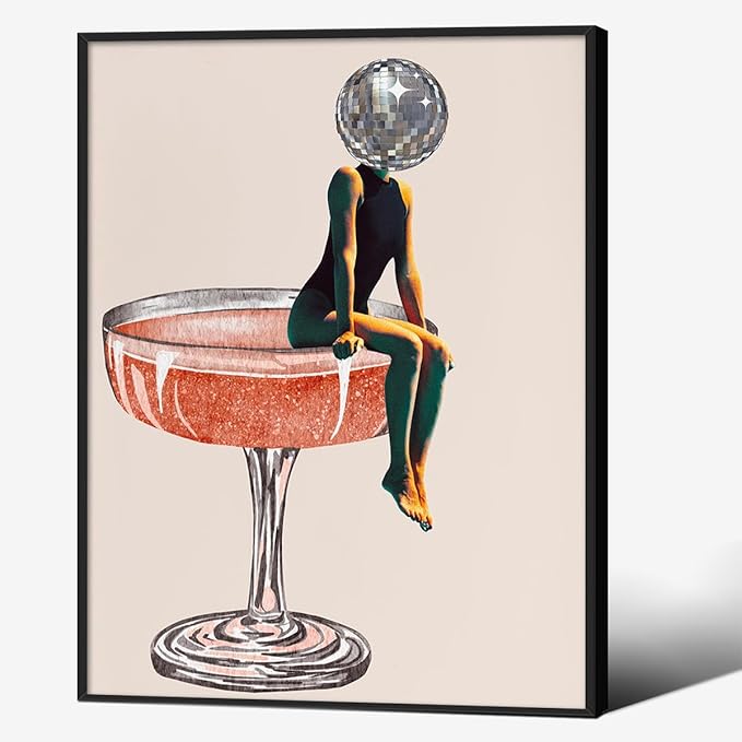 Funky Disco Ball Girly Head Poster 70s Retro Cocktail Canvas Wall Art 08x10 inch Black Framed Trendy Vintage Beige Prints Painting for Family Bar Wall Decor