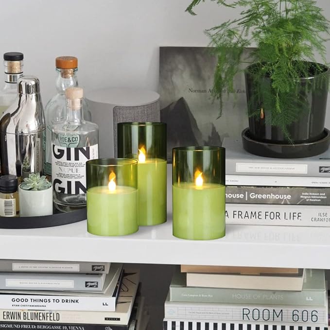 GenSwin Green Glass Battery Operated Flameless Led Candles with 10-Key Remote and Timer, Real Wax Candles Warm White Flickering Light for Home Decoration(Set of 3)