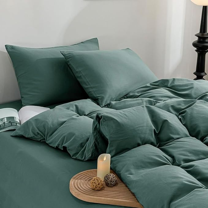 JELLYMONI Cotton Duvet Cover Twin Size - 100% Washed Cotton Linen Feel Textured Comforter Cover, 2 Pieces Breathable Soft Bedding Set with Zipper Closure (Dark Green, Twin 68"×90")