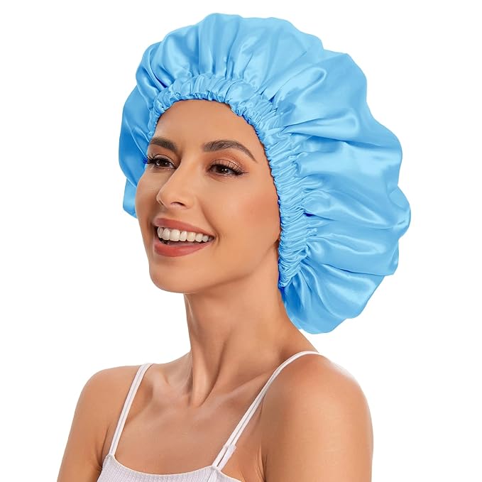 Satin Bonnet Silk Bonnet Hair Bonnet for Sleeping-Slouchy Beanie Hat Satin Sleep Cap for Women's Natural & Curly Hair(Lake Blue)