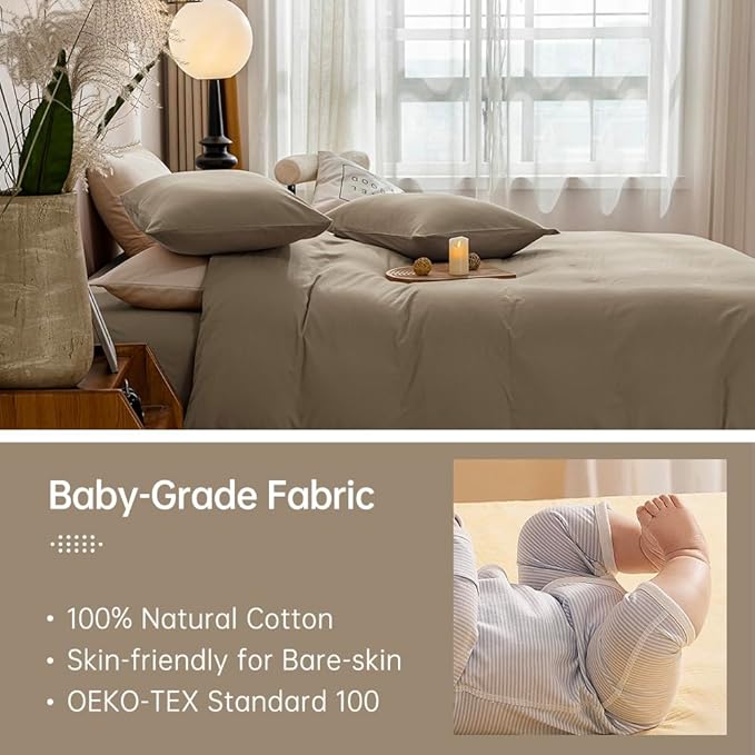 JELLYMONI Khaki Duvet Cover Queen Size - 100% Washed Cotton Linen Like Textured Comforter Cover, 3 Pieces Breathable Soft Bedding Set with Zipper Closure (Khaki, Queen 90"x90")