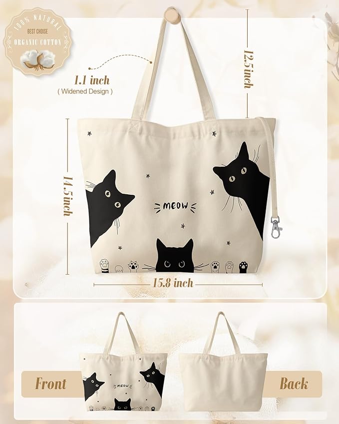 Large Tote Bag for Women - Aesthetic Cute Big Canvas Bags with Zipper Cotton Shoulder Bag for Gym, Travel, Work
