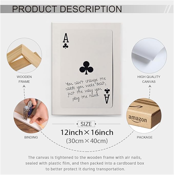 Funky Black and White Lucky Ace Poker Canvas Wall Art Funny Modern Preppy Playing Card Posters 12x16 inch Framed Trendy Minimalist Black Art Prints Painting Retro Aesthetic Wall Decor