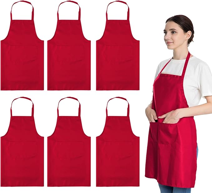 Total 6PCS Red Aprons Bulk for Women Unisex Plain Colour Bib Aprons with 2 Front Pockets Washable Apron for Painting Cooking Baking Kitchen Restaurant Crafting