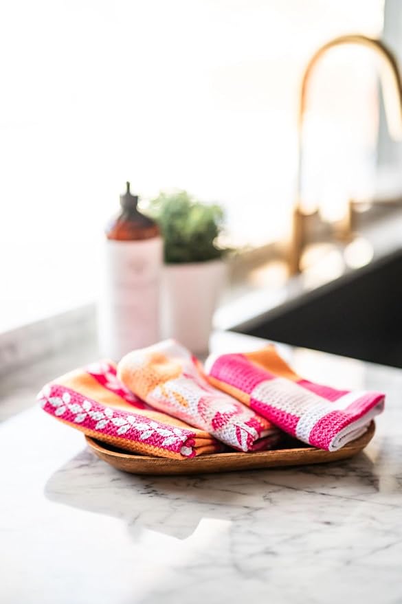 || 3 Pack|| Double Sided || Not Your Ordinary Dish Towels || Waffle Weave Microfiber || Highly Absorbent || Hanging Loop || Dish Cloths || Modern || Designer Prints|| Pink & Orange
