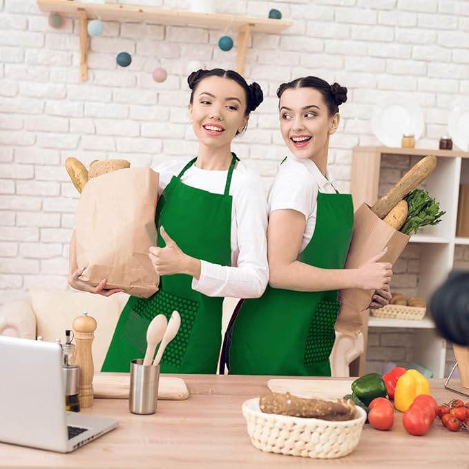 Total 6PCS Green Plain Color Bib Apron for Adult Women Unisex Durable Comfortable with 2 Front Pockets Washable Aprons for Chef Cooking Baking Kitchen Restaurant Crafting