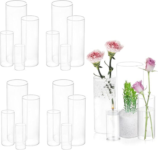 UDU 16 Pack Cylinder Glass Vases for Centerpiece 4,6,8,10 Inch Tall Clear Flower Vase Hurricane Candle Holder Floating Candle Vases for Table Centerpiece Wedding Home Decor