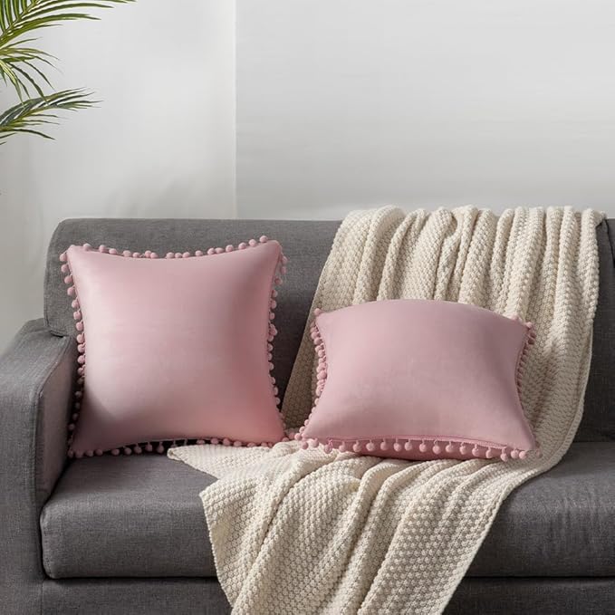 DEZENE 24x24 Throw Pillow Covers Pink: 2 Pack Cozy Soft Pom-poms Velvet Square Decorative Pillow Cases for Farmhouse Home Decor