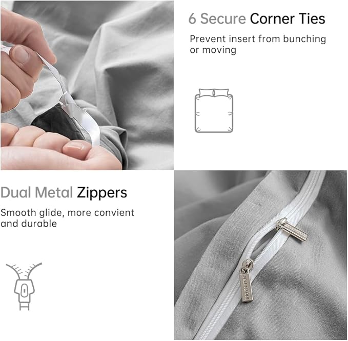 JELLYMONI Cotton Duvet Cover Queen Size - 100% Washed Cotton Linen Like Textured Comforter Cover, 3 Pieces Breathable Soft Bedding Set with Zipper Closure (Light Gray, Queen 90"x90")
