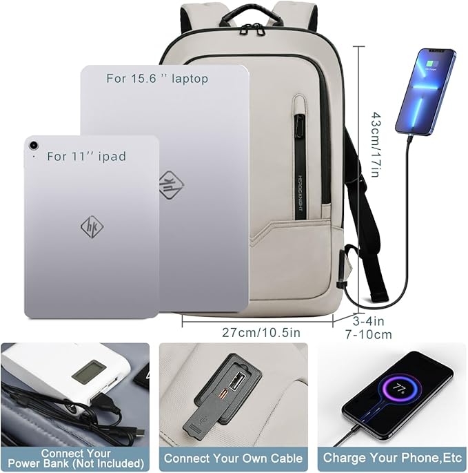 hk Backpack for Men Business Slim Backpack with USB Charger Computer Lightweight Anti-theft Travel (White, 15.6 Inch)