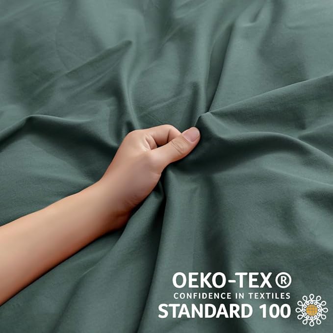 JELLYMONI Cotton Duvet Cover Twin Size - 100% Washed Cotton Linen Feel Textured Comforter Cover, 2 Pieces Breathable Soft Bedding Set with Zipper Closure (Dark Green, Twin 68"×90")