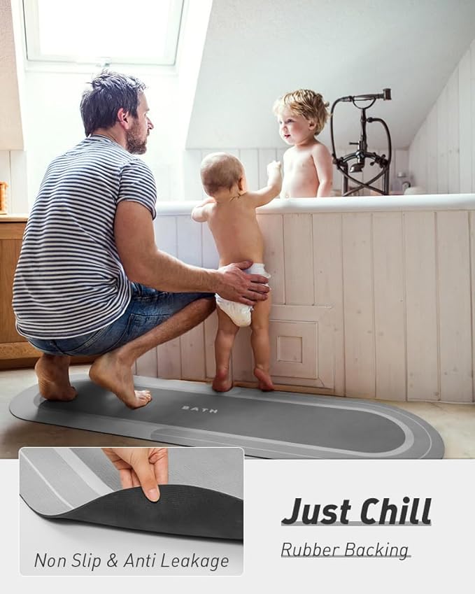 MontVoo Bath Mat Runner - Long Non Slip Absorbent Quick Dry Thin Bath Rug for Bathroom Floor Mat - Rubber Backed - Stain Resistant - Easy Care - Gray 17"x59"