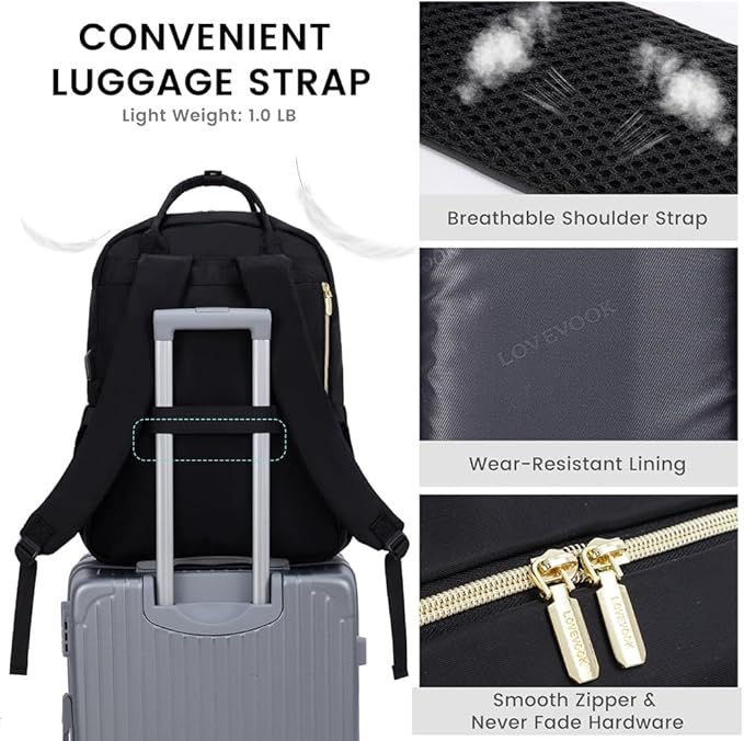 LOVEVOOK Laptop Backpack for Women, Water Resistant Travel Work Backpacks Purse Stylish Business Teacher Nurse Computer Bag with USB Charging Port,Black