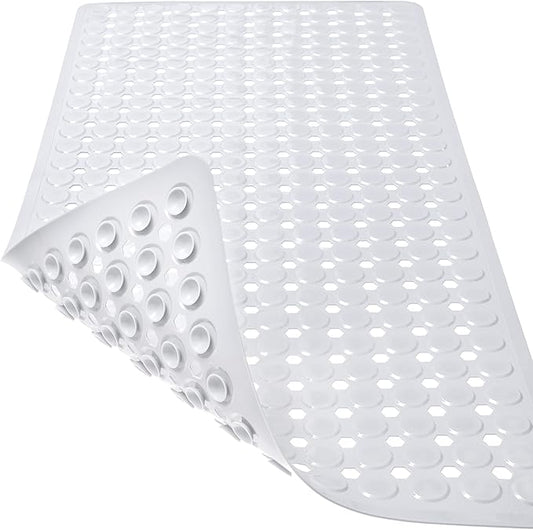 Bath Mat for Tub & Shower, Non Slip Soft Bathmat with Suction Cups & Drain Holes, Machine Washable Bathtub Floor Liner Mats for Bathroom, 35x16 Inch, White