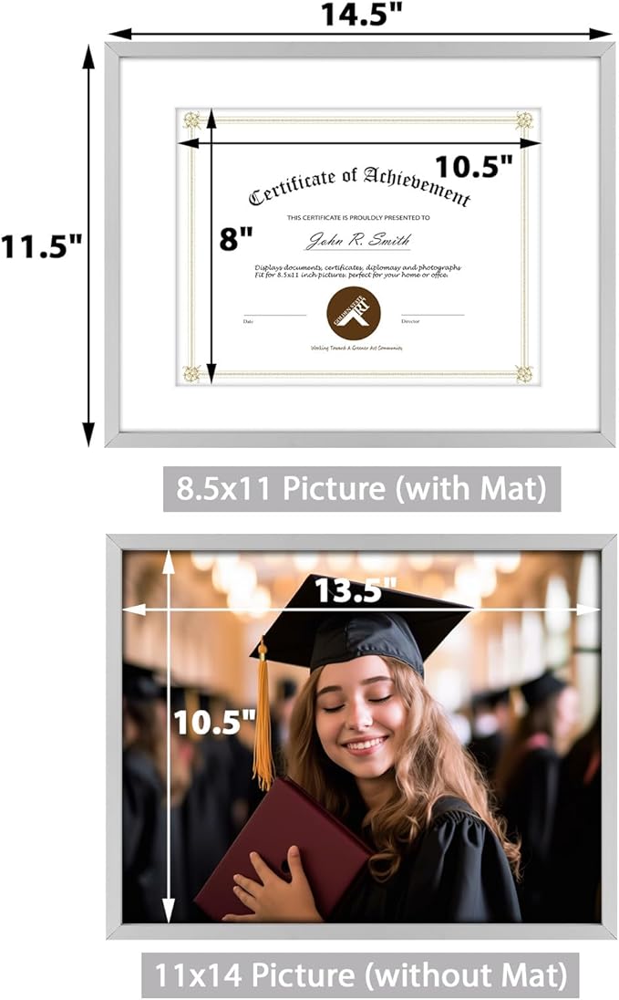 Golden State Art 14x11 Picture Frame 3 Pack - Aluminum Frames with 8.5x11 Removable Mats & Real Glass, Display 11x14 Photos or 8.5x11 Certificates - Silver Gallery Wall Frames for Home Office Decor
