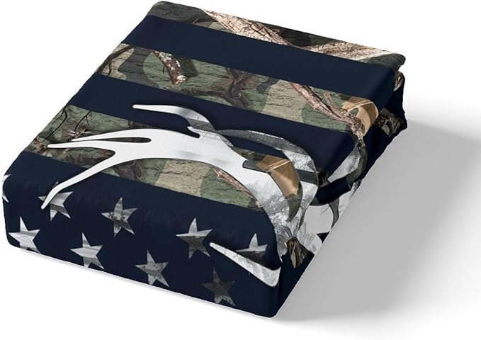 Camo American Flag Duvet Cover Queen Size, Grey Deer and Trees Silhouette Natural Style Comforter Cover with 2 Pillowcases, 3 Piece, USA Flag Green Camouflage Bedding Sets for Chidlren Room