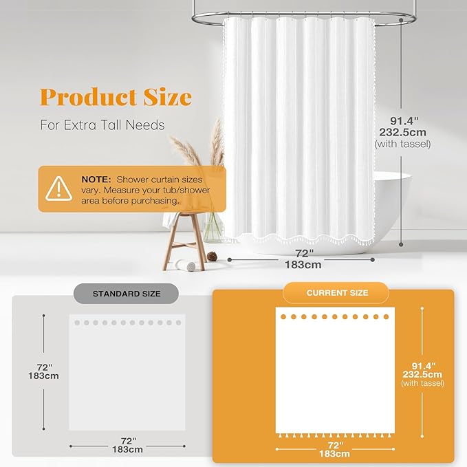 BTTN Extra Long Shower Curtain - 72x90 Striped Boho Linen Fabric Heavy Duty Shower Curtain Set with Plastic Hook, Extra Tall Bohemian Farmhouse Luxury Tassel Cloth Shower Curtains for Bathroom, White