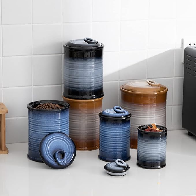 Nihow Food Storage Jar Sets: Ceramic Container with Air Tight Lid for Flour/Sugar/Rice/Coffee/Cookies/Candy - Seal Damp-proof Canister for The Kitchen Counter - Set of 4 （Blue & Black）