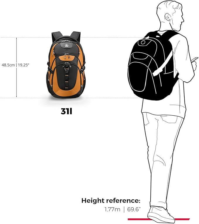 Swissdigital Design Laptop Backpack with USB Charging Port, Travel Backpack Fits 15.6 inches Computer, 31L College School Backpack for Men, Orange/Black | SD803