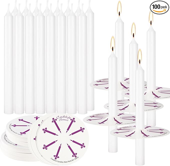100 Pcs White Unscented Taper Candle with Drip Protectors, Church, Vigil, Shabbat, Prayer, 5 Inch