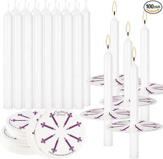 100 Pcs White Unscented Taper Candle with Drip Protectors, Church, Vigil, Shabbat, Prayer, 5 Inch