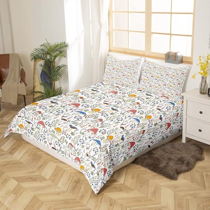 Feelyou Botanical Duvet Cover Set Mushroom Printed Comforter Cover for Kids Adults Leaves and Floral Bedding Set 1 Duvet Cover & 1 Pillowcase