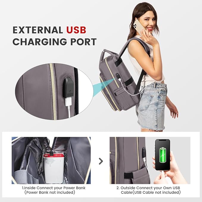 LOVEVOOK Laptop Backpack for Women, Water Resistant Travel Work Backpacks Purse Stylish Business Teacher Nurse Computer Bag with USB Charging Port,Purple Gray