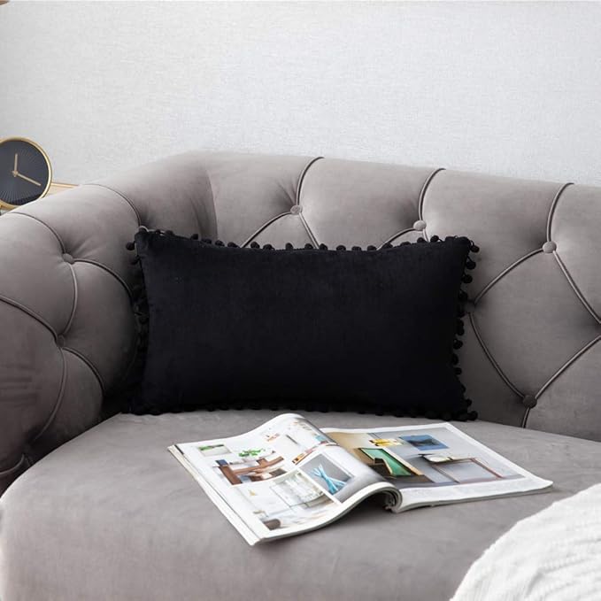 DEZENE Decorative Pillow Covers 12x20 Black: 2 Pack Cozy Soft Pom-poms Velvet Rectangular Throw Pillow Cases for Farmhouse Home Decor