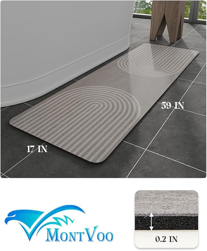 MontVoo -Bath Mat-Non Slip Thin Bathroom Rugs Fit Under Door- Quick Dry Absorbent Faux Suede Surface Grey Bathroom Floor Mats-Shower Rug for in Front of Bathtub Shower Grey & Beige 17x59