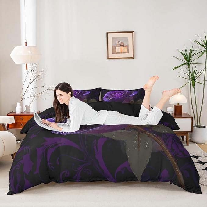 Purple Rose Duvet Cover Set King Size for Boys Women Men Romantic Floral Bedding Set Valentine's Day Present Comforter Cover Couple Bedspread Cover with 2 Pillow Shams Microfiber Quilt Cover 3 Pieces