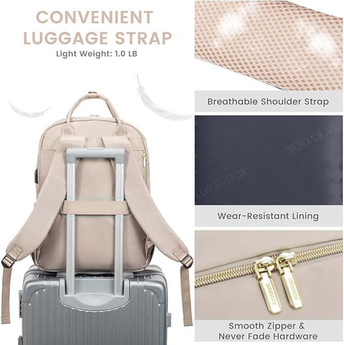 LOVEVOOK Laptop Backpack for Women, Water Resistant Travel Work Backpacks Purse Stylish Business Teacher Nurse Computer Bag with USB Charging Port,Antiquewhite