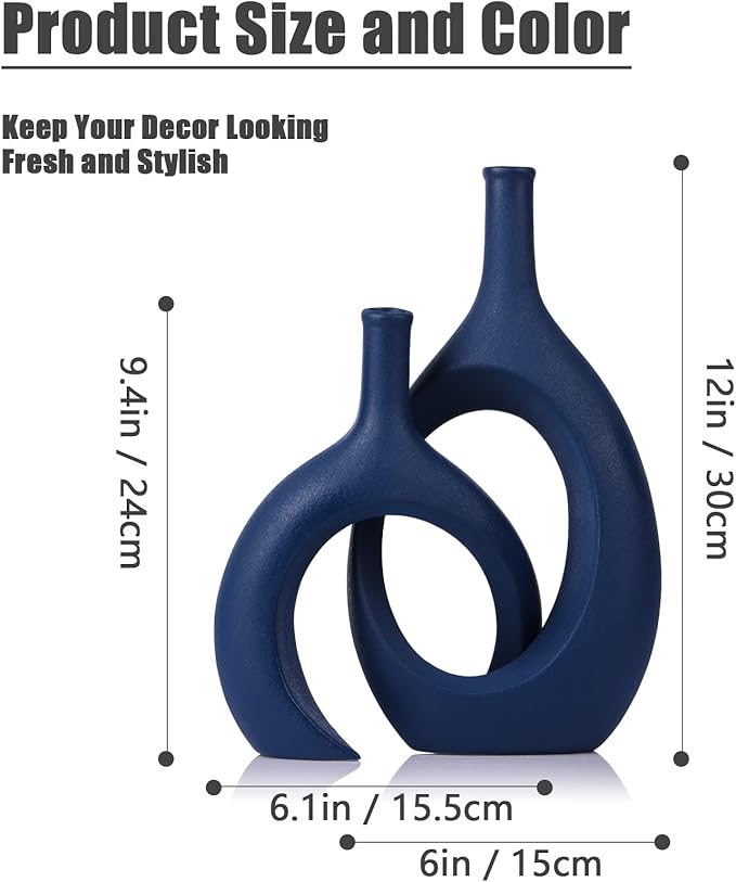 Navy Blue Unique Hollow Bud Vases Set of 2,Modern Snuggle and Huging Style Ceramic Vase for Pampas Grass,Living Room Decorations for Fireplace,Coffee Table Centerpiece,Mantle,Bookshelf Decor