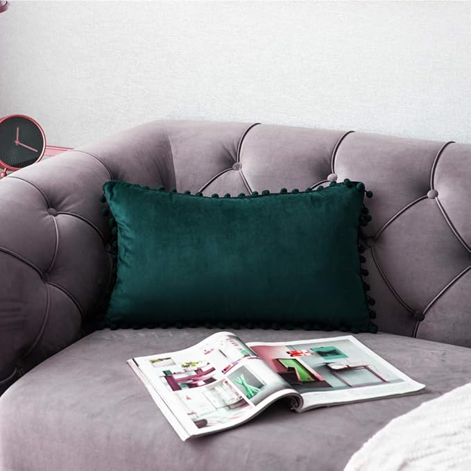 DEZENE Decorative Pillow Covers 12x20 Green: 2 Pack Cozy Soft Pom-poms Velvet Rectangular Throw Pillow Cases for Farmhouse Home Decor