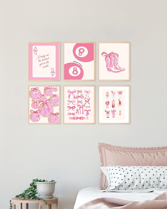 ASTRDECOR Pink Coquette Trendy Preppy Wall Art Prints Set of 6, Preppy Room Decor, Pink Bow Lucky 8 Ball Disco Wall Decor Posters, Coquette Room Decor Aesthetic for Girls Bedroom Dorm, 8x10 Unframed