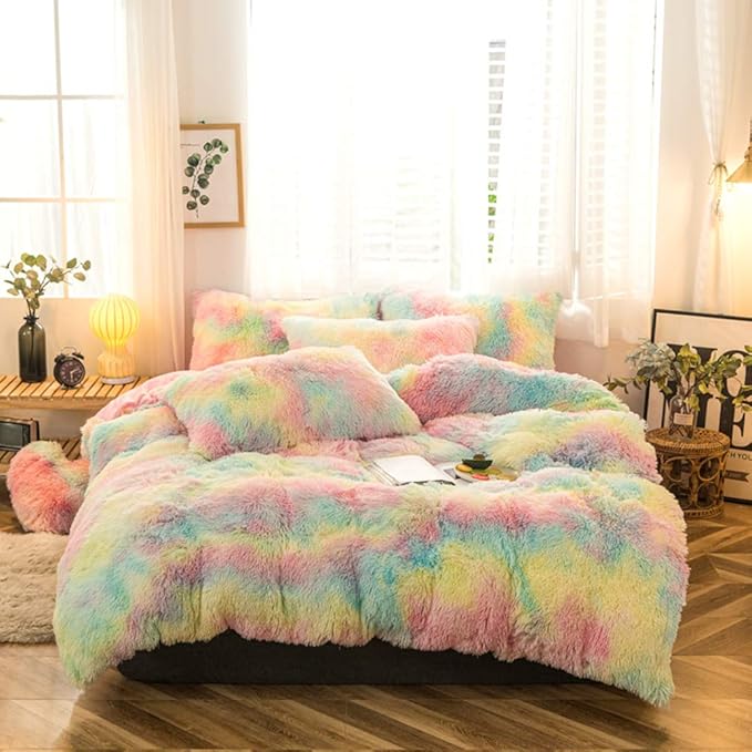 MorroMorn 5 PCS Plush Shaggy Duvet Cover Sets, Luxury Shag Fluffy Comforter Cover Fuzzy Bedding Set - Long Faux Fur Ultra Soft Cozy (Rainbow, Full/Queen)
