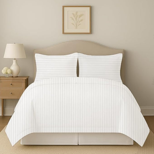 eBeddy Linens 800 TC Ultra Silky Soft Egyptian Cotton Alaskan King 132x120 Size 3-Pieces Duvet Cover Hidden Zipper Closer & Corner Ties Durable and Fade Resistant, White Striped