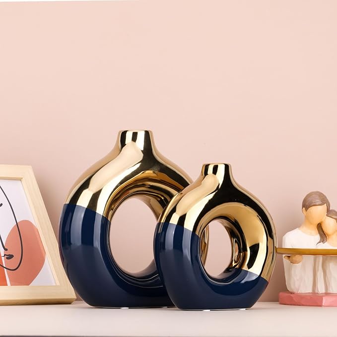 Navy Blue and Gold Ceramic Vase Set of 2,Round Donut Hollow Flower Vases for Home Decor Accents,Modern Minimalist Centerpiece Table Decorations,Wedding,Living Room,Bookshelf,Office,Entryway