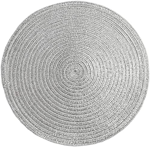 SHACOS Silver Glitter Round Braided Placemats Set of 8 Sparkle Bling Washable 15 inch Round Table Mats Woven Place Mats for Dining Table Christmas Home Table Decor (Silver, 8)
