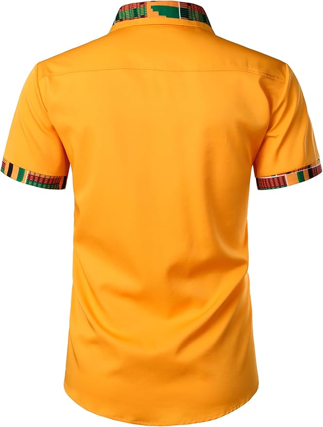 ZEROYAA Men's African Printed Patchwork Design Short Sleeve Button up Shirt