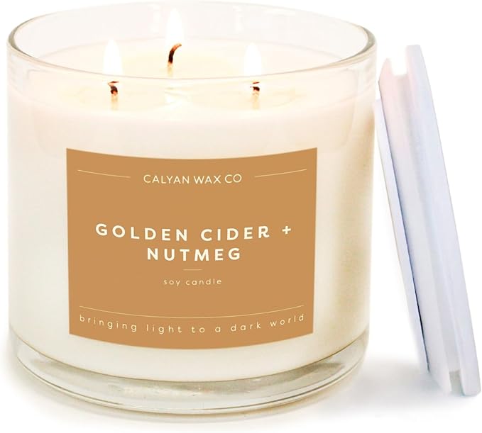 Calyan Wax Co. 3 Wick Candle, Golden Cider + Nutmeg Scented Candle, 43 Hour Burn Time, 3 Wick Soy Candles, Non Toxic & Vegan Soy Wax, Glass Jar Holiday Scented Candles, 14.9oz