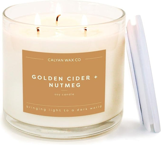 Calyan Wax Co. 3 Wick Candle, Golden Cider + Nutmeg Scented Candle, 43 Hour Burn Time, 3 Wick Soy Candles, Non Toxic & Vegan Soy Wax, Glass Jar Holiday Scented Candles, 14.9oz