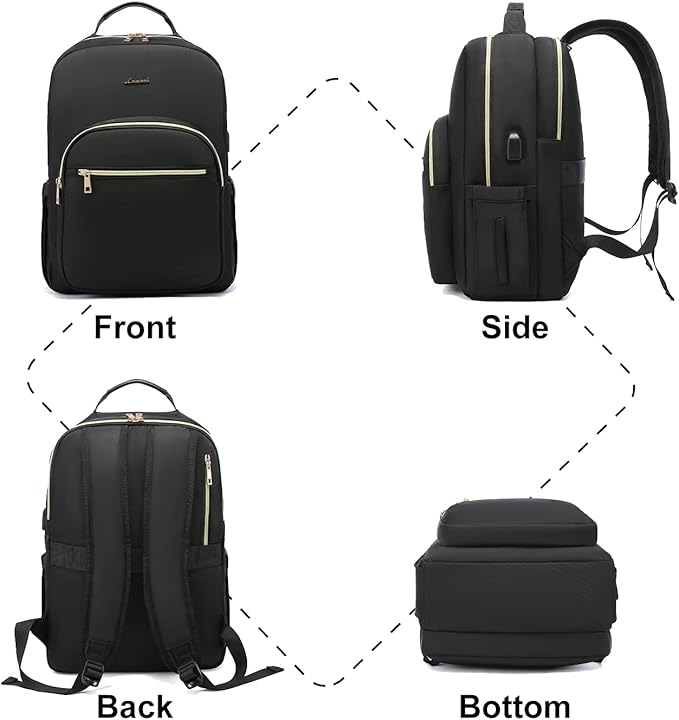 LOVEVOOK Laptop Backpack Purse for Women, Work Travel Computer Bags, Quilted Casual College Daypack with USB Port, Fit 15.6 Inch Laptop, Black