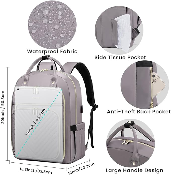 LOVEVOOK Laptop Backpack for Women, Water Resistant Travel Work Backpacks Purse Stylish Business Teacher Nurse Computer Bag with USB Charging Port,Purple Gray