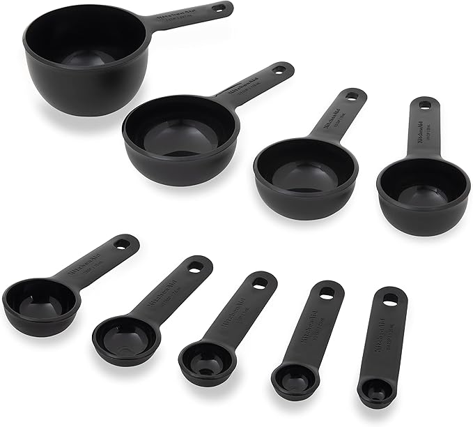 KitchenAid Universal Easy To Read Measuring Cup and Spoon Set with Soft Grip Handle for Maximum Control, Hang Hole and Nesting For Easy Storage, Dishwasher Safe, 9 Piece, Black