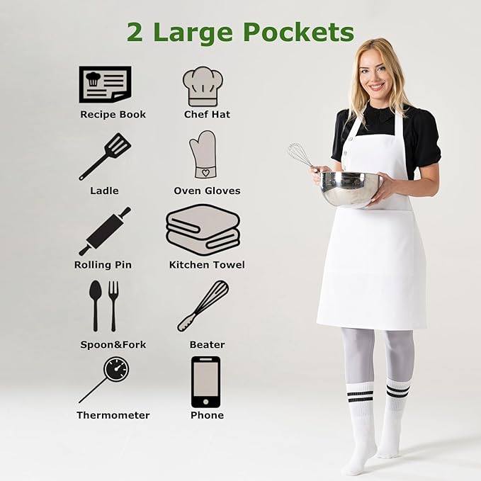 TOSHE Kitchen Apron Waterdrop Resistant Cotton Apron with adjustable Aprons for Women with Pockets 10 Color option Cooking Silver Apron (Silver)