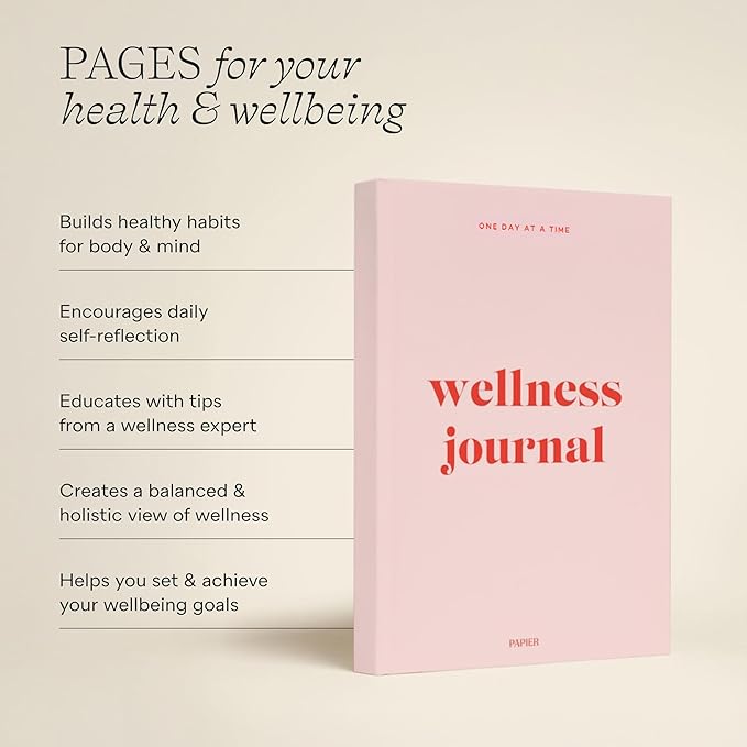 Papier Daily Wellness Journal Diary - Baby Pink, 8.46" L x 6.02" W | Hardback Cover Wellbeing, Gratitude & Mindset Diary for Personal Growth, Mindfulness & Reflection | Track Goals, Sleep & Lifestyle